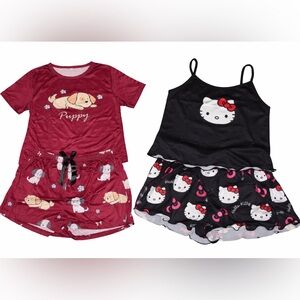 Women’s Small Pajama Sets Hello Kitty & Puppy Satin Feel Sleepwear Shorts